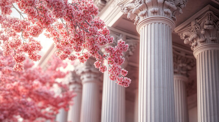 Elegant modern high decorative stone pillar adorned with fresh flowers symbolizes strength and beauty, blending contemporary architecture with nature for a timeless visual statement.

