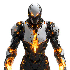Fototapeta premium White Robot with Orange Flames Shooting Fire Isolated on Transparent Background