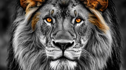 Majestic lion portrait, close-up view, dark background, striking orange eyes