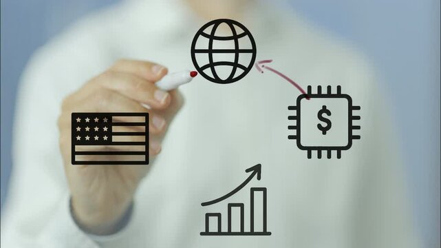 Businessman illustrating the correlation between global trade, technological advancement, and economic growth in the united states, drawing connections on a transparent screen
