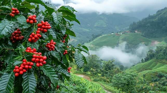 Coffee cherries on plant with mountain, cloud, and terraced field backdrop