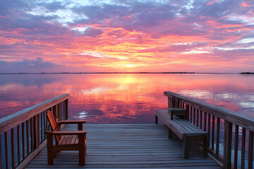 Serene sunrise reflected on calm water, viewed from a wooden dock with chairs