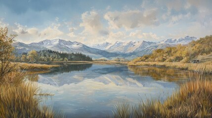 Serene autumn lake reflecting snow-capped mountains under a partly cloudy sky.