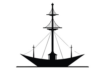 Silhouette of a tall sailing ship on the ocean at sunset with a nautical and pirate-style design