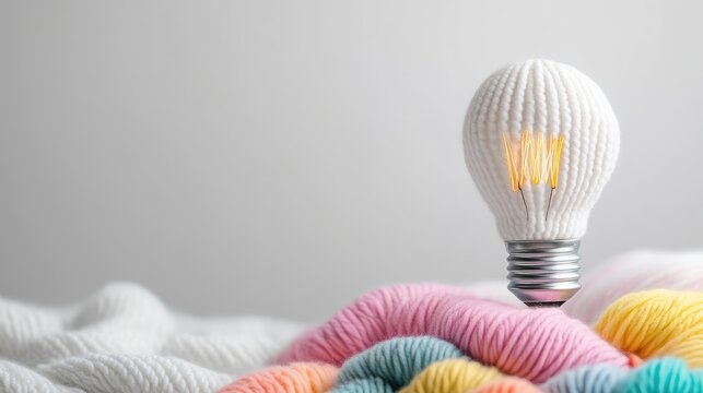Knit Lightbulb Yarn Balls Soft Minimalist Style High-Quality Soft Lighting Landscape Close-Up View Textured Cozy Yarn Creative Idea Neutral Background Pastel Colors Ideal for Craft Blogs