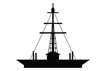 Silhouette of a tall sailing ship on the ocean at sunset with a nautical and pirate-style design
