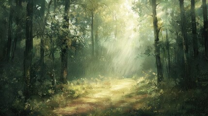 Naklejka premium Sunbeams illuminate a path through a lush, green forest.