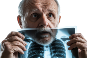 Elderly Man Examining Chest XRay Showing Concern isolated on transparent background