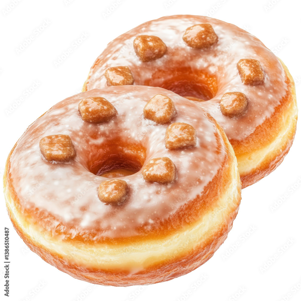 Poster two irresistibly glazed doughnuts topped with crunchy nuts on a light-colored surface ready for enjo