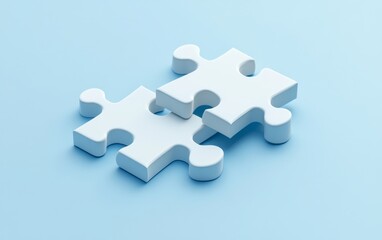 Two white puzzle pieces on a light blue surface; teamwork, connection, collaboration