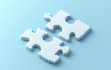 Two white puzzle pieces,  on light blue surface,  solution,  connection