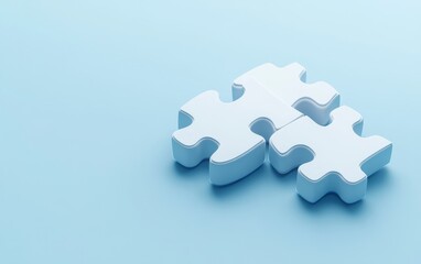 Obraz premium Two white puzzle pieces joined on light blue surface