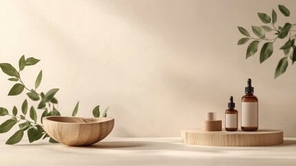 Minimalist Wooden Display with Natural Elements for Beauty Products