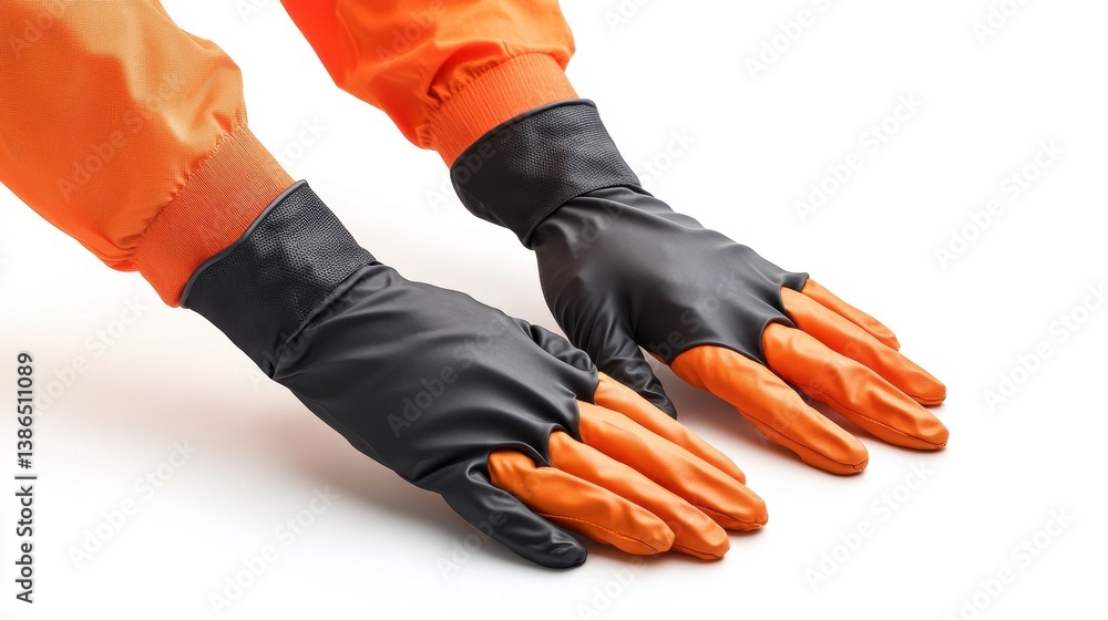 Poster construction worker preparing materials in workshop while wearing gloves and denim overalls during d