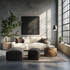 Modern living room with sofa, ottomans, and plant.