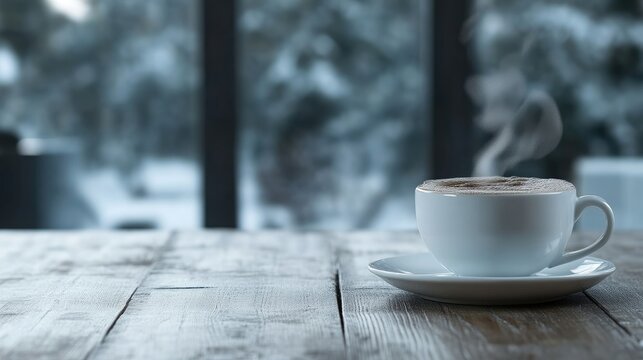Cozy winter coffee scene.  A steaming cup of coffee rests on a rustic wooden table, overlooking a snowy winter landscape through a large window