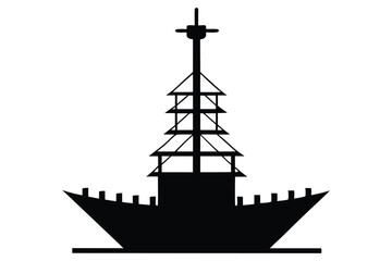 Silhouette of a tall sailing ship on the ocean at sunset with a nautical and pirate-style design