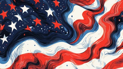 Abstract American Flag Wavy Red White Blue Stripes  Stars