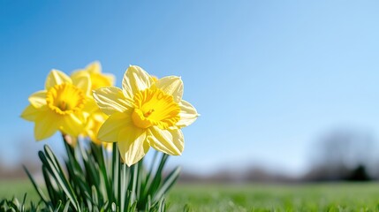Three vibrant yellow daffodils in a spring meadow