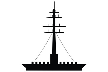 Silhouette of a tall sailing ship on the ocean at sunset with a nautical and pirate-style design
