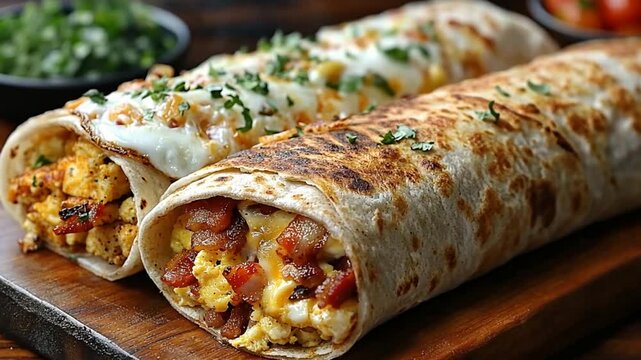 Delicious breakfast burritos on a wooden board