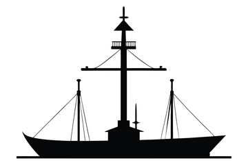Silhouette of a tall sailing ship on the ocean at sunset with a nautical and pirate-style design