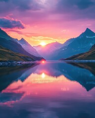Majestic sunset over a tranquil lake surrounded by towering mountains, reflecting vibrant colors in the water, creating a serene atmosphere perfect for relaxation and nature appreciation