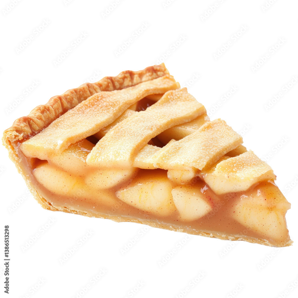 Poster freshly baked slice of pie with golden crust and juicy apples served on a rustic wooden table isolat