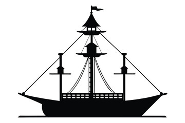 Silhouette of a tall sailing ship on the ocean at sunset with a nautical and pirate-style design