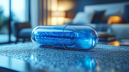 Realistic 3D rendering of a modern blue and white pill floating against a clean background, symbolizing hope, medical innovation, decision-making, and the duality of healing and control.

