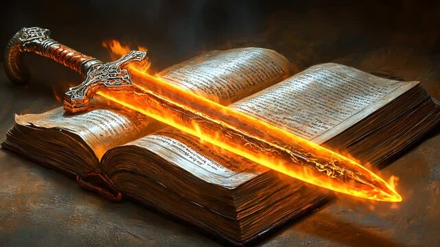 Fiery sword on ancient book, dramatic scene, for fantasy, historical, or religious use