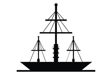 Silhouette of a tall sailing ship on the ocean at sunset with a nautical and pirate-style design