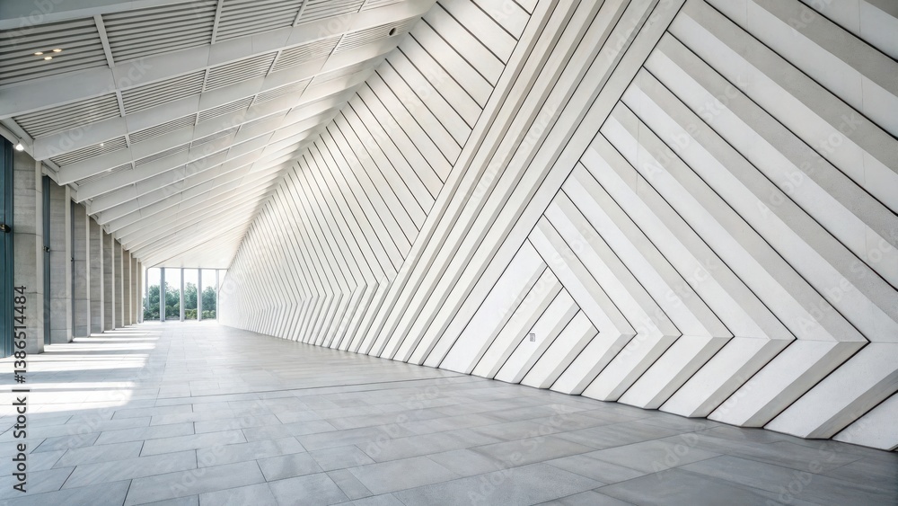 Poster an empty concrete corridor in a modern building features columns and windows, creating a perspective