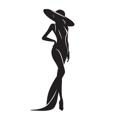 Fototapeta premium A silhouette of a slim woman in a black dress strikes a dance pose in a studio, showcasing her figure and the shadow of her elegant movement