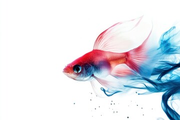 Fototapeta premium Red and White Fish Swimming with Blue Abstract Smoke Art