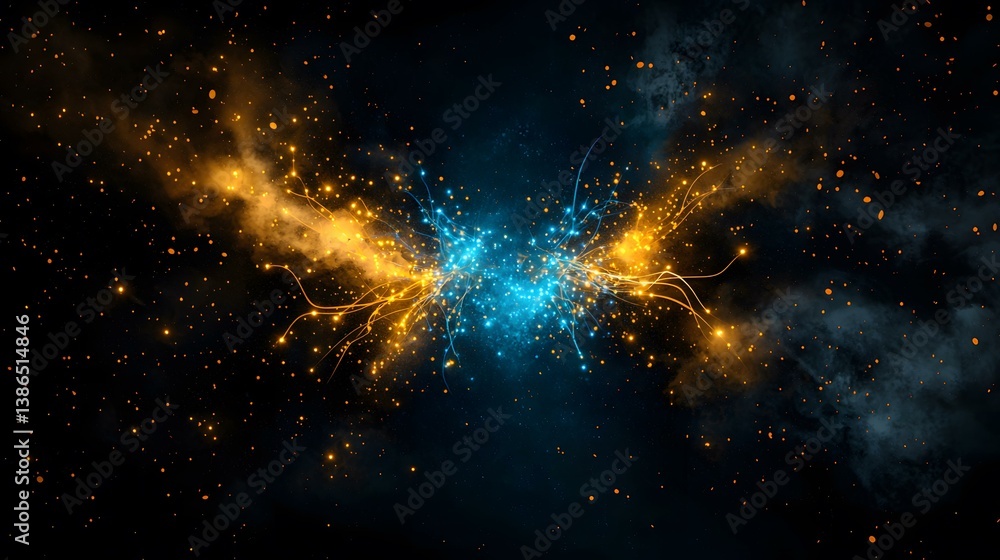 Poster the image shows a dark background with bright blue and orange glowing particles and lines emanating 