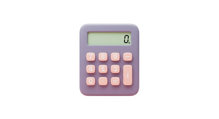 A pastel purple calculator with pink buttons displaying a zero on its screen on a black background