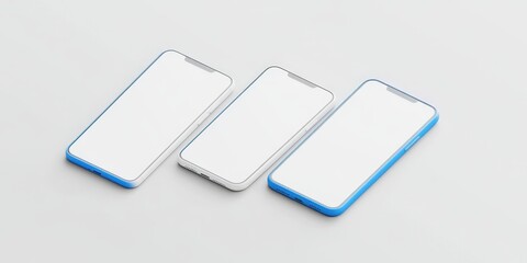 Three sleek, modern smartphones with blank screens arranged in a minimalist layout on a light background, showcasing their design and potential for technology marketing