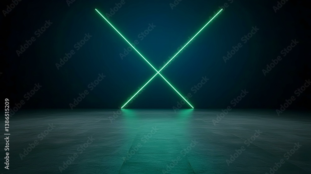 Poster two bright teal neon lines intersect in the middle of a dark room, creating an 