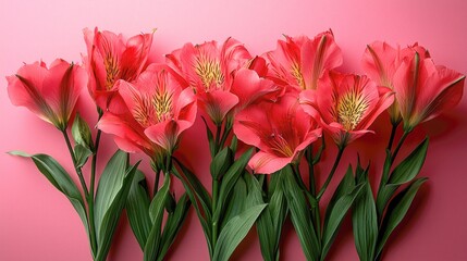 Obraz premium Close-up view of vibrant red and pink Alstroemeria flowers, beautifully blooming against a soft pink background. A captivating display of floral elegance and natural beauty.