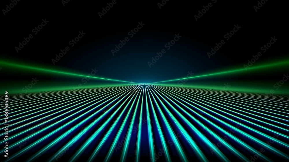 Poster the image contains a dark background with numerous parallel lines of vibrant teal and green light em
