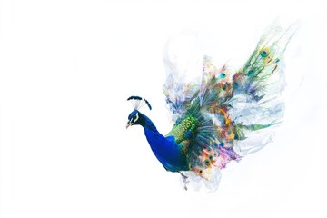 Flying Peacock with Vibrant Feather Display in Creative Composition