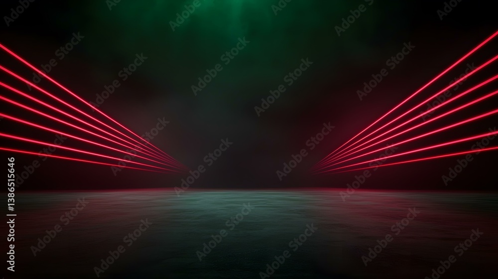 Poster the image shows a dark, moody scene with five parallel red neon lights converging towards the center