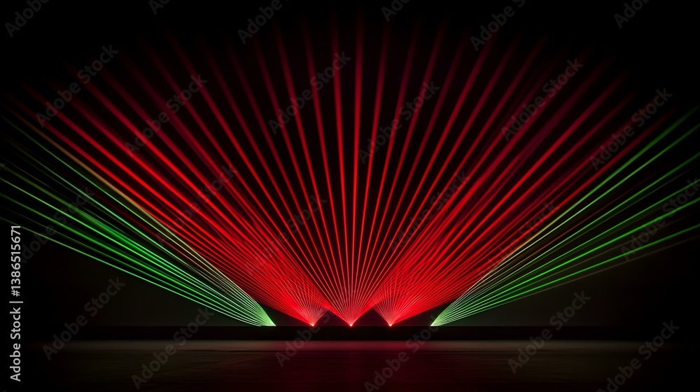 Poster the image shows a dark room illuminated by numerous red and green laser beams emanating from three p