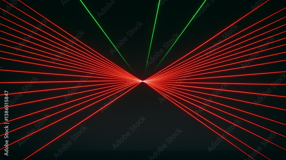 Poster numerous red laser beams emanate from a central point, intersected by two thinner green beams, creat