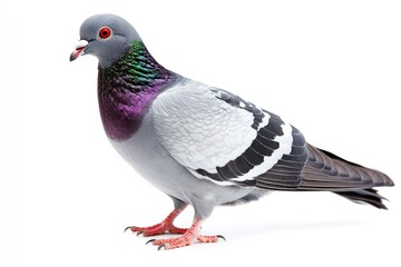 Naklejka premium Pigeon Standing on White Background with Gray and Purple Plumage