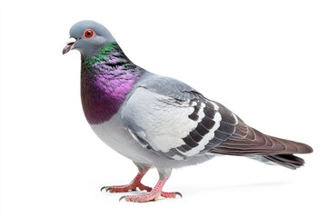 Standing Pigeon with Gray Feathers and Iridescent Neck on White Background
