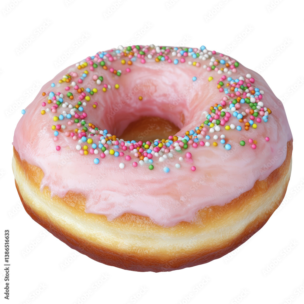 Poster charming pink donut decorated with colorful sprinkles on a simple plate representing sweetness and i