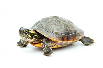 Fototapeta premium Turtle Standing on White Background with Yellow and Brown Shell