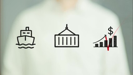 Businessman drawing icons representing import export and check mark an increasing graph of costs, symbolizing a increase in tariffs and taxation